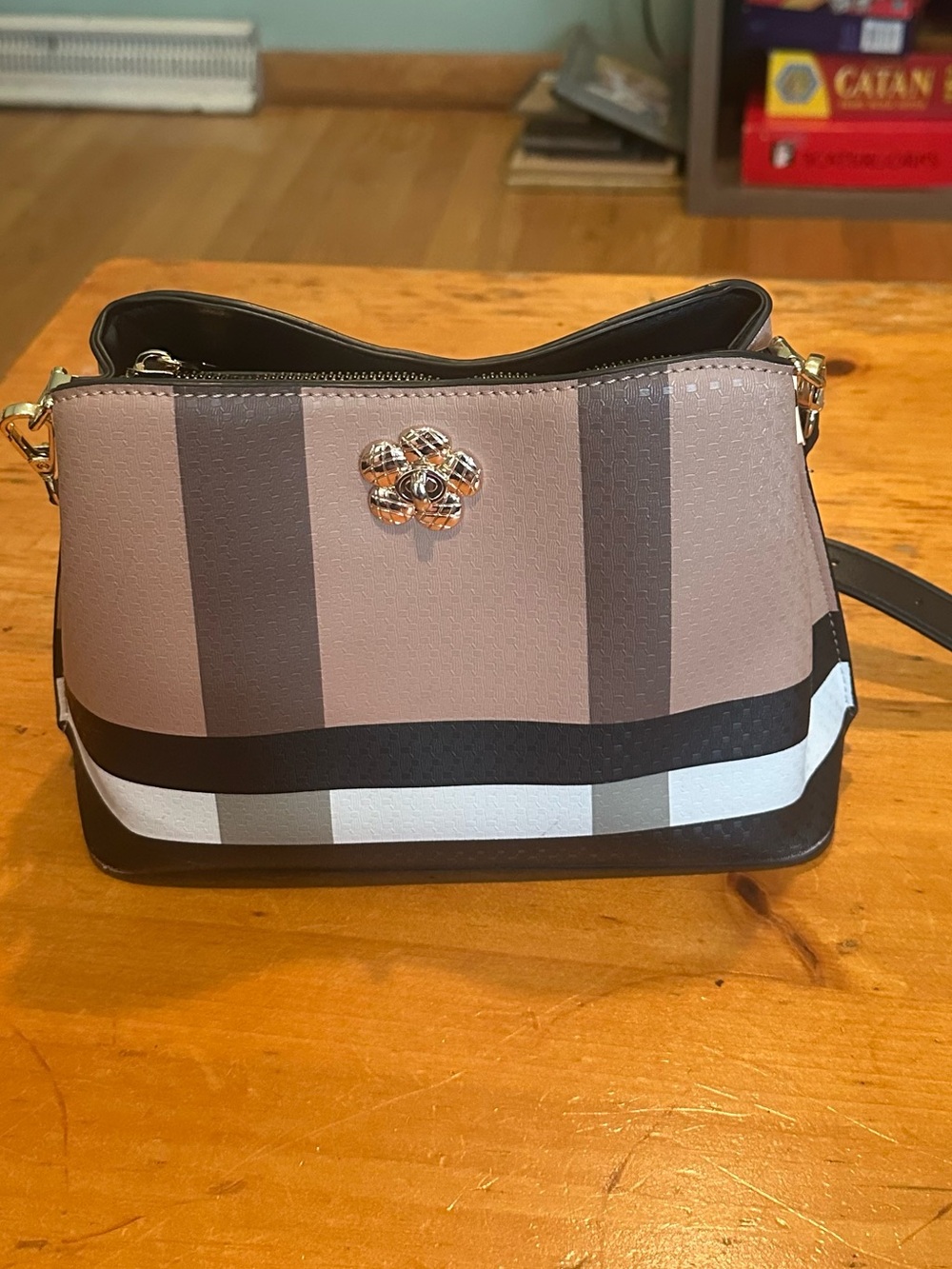 Neutral Stripe Crossbody Bag with Floral Emblem